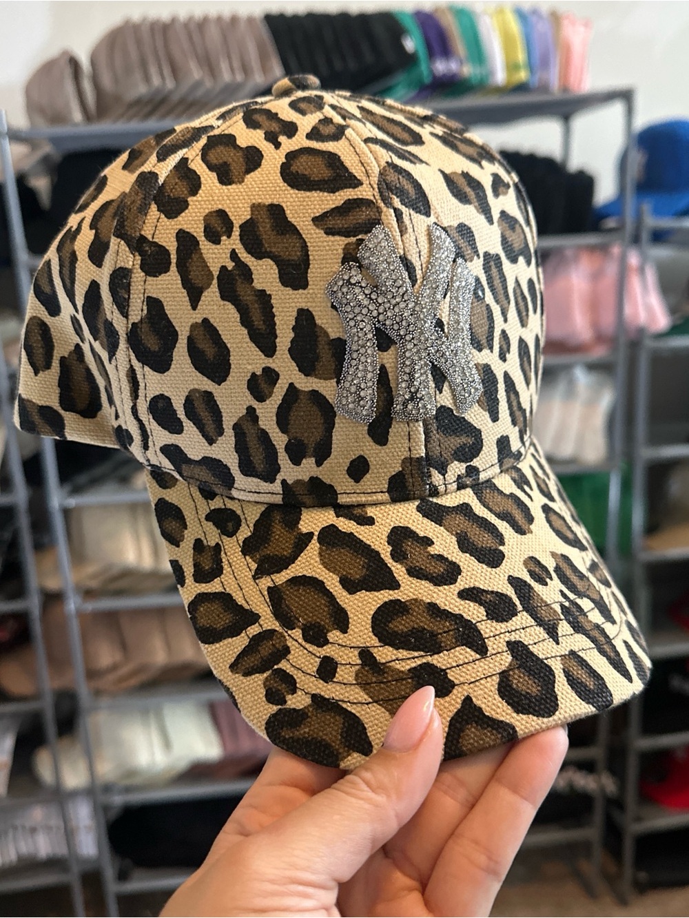 Leopard Print Rhinestone Logo Baseball Cap - Tan & Black - Picture 3 of 4